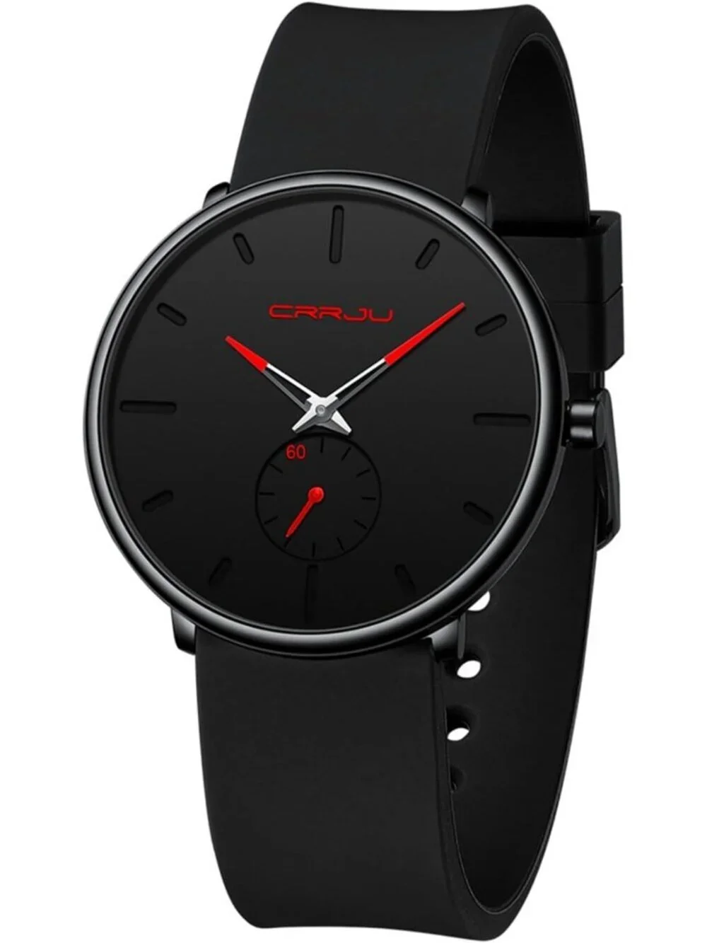 Crrju Men's Black Red Stylish Waterproof Quartz Unisex Ultra Silicone Band Watch